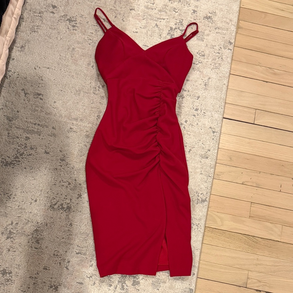 Honey & Rosie Red Ruched Dress with Slit